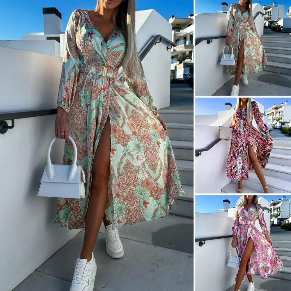 Sultry Summer Long Sleeve V-Neck High Slit Flower Midi Dresses - Gen U Us Products -  