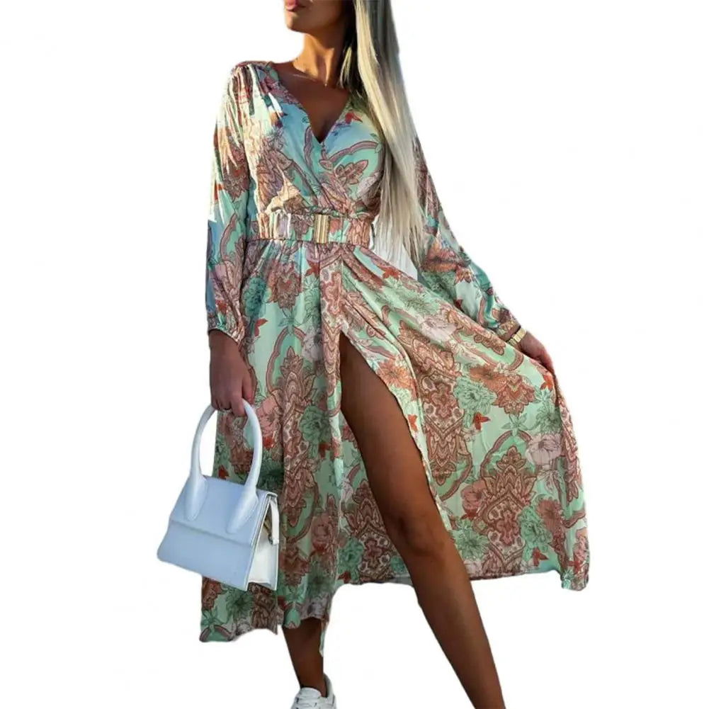 Sultry Summer Long Sleeve V-Neck High Slit Flower Midi Dresses - Gen U Us Products -  