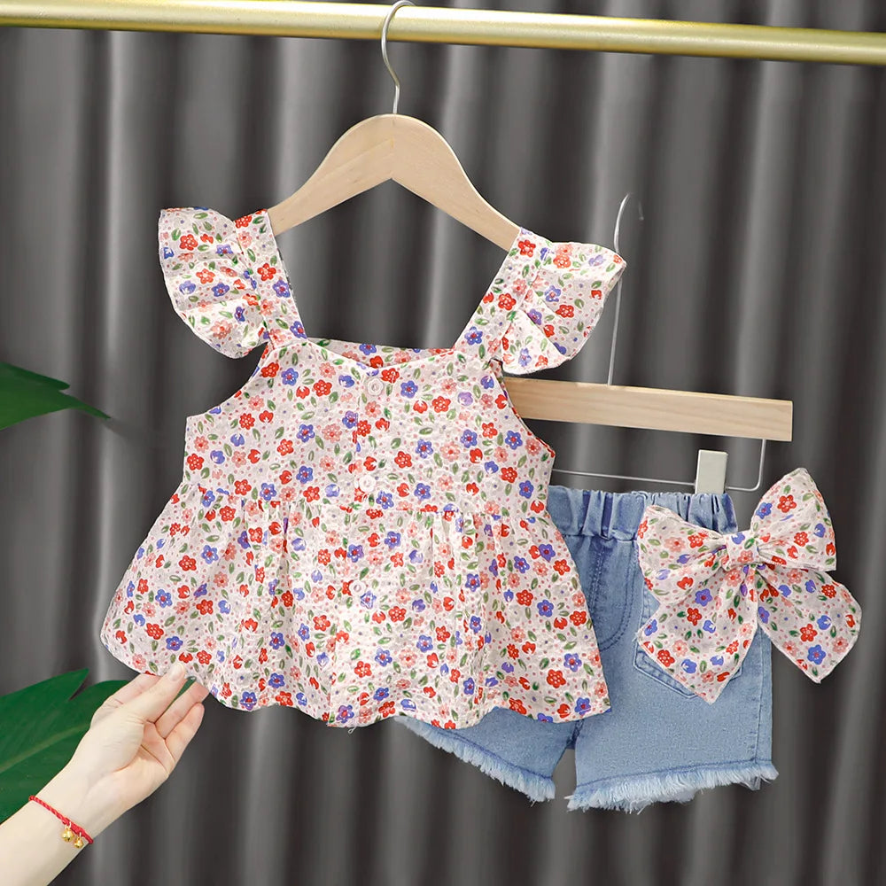Summer Pretty Floral Sling Shirt and Bow Denim Shorts - Gen U Us Products