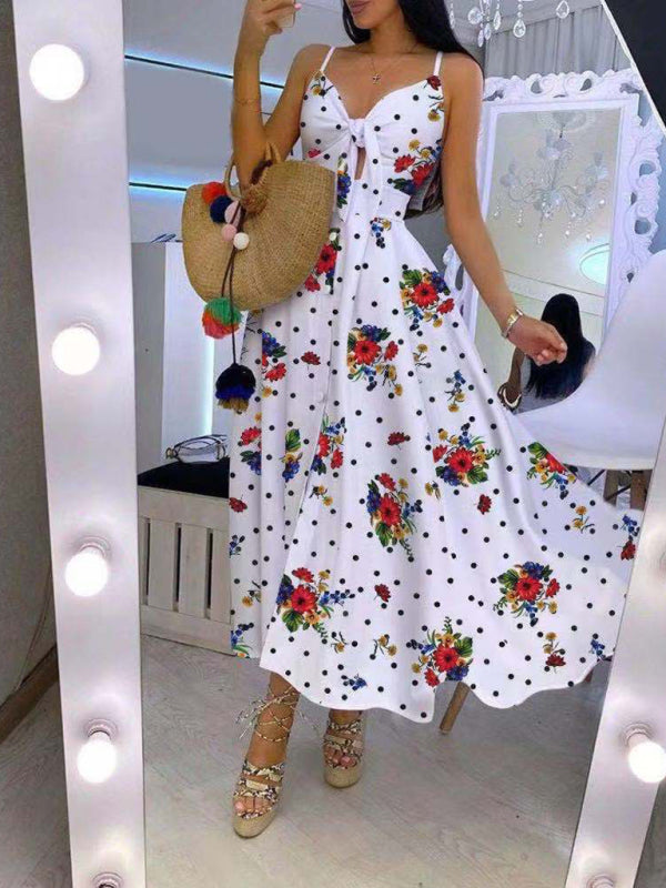 Summer Sleeveless Lace Up Big Swing Full Floral Dresses - Gen U Us Products