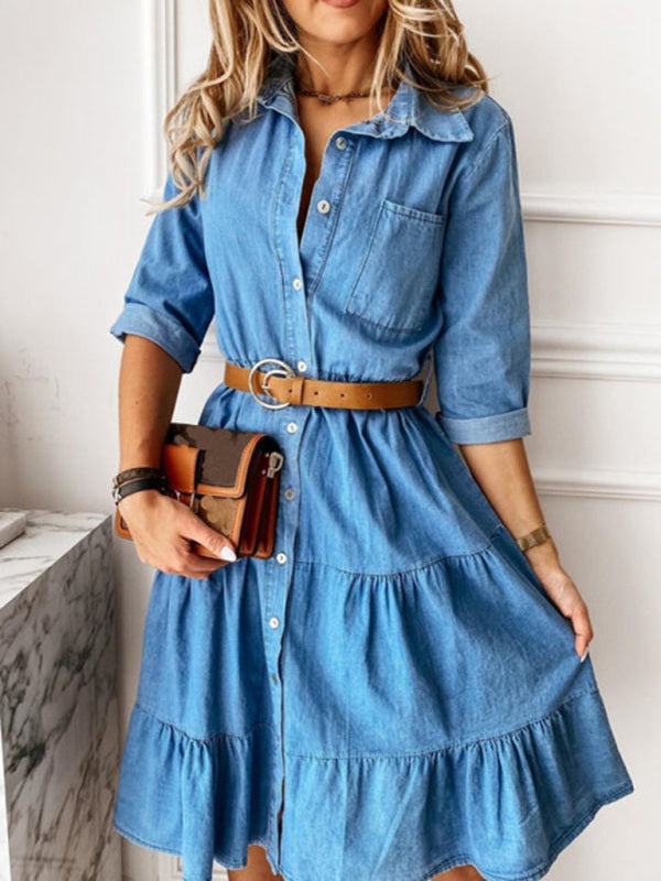 Timeless Classic Front Button Tiered Denim Shirt Dresses - Gen U Us Products -  