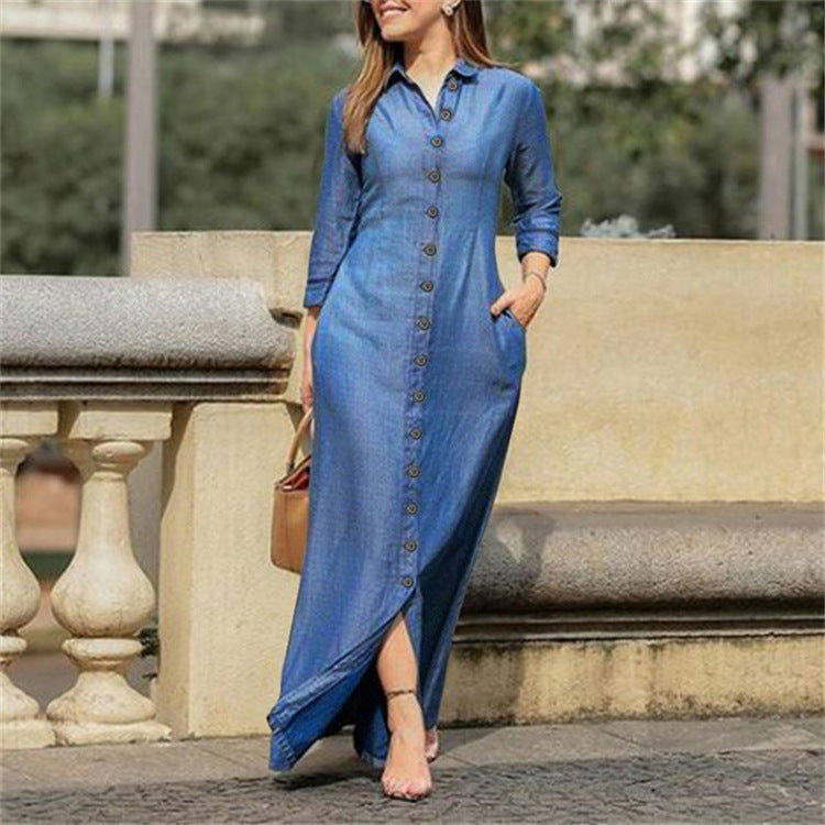 Light blue long-sleeve denim button-up dress with collar and front buttons