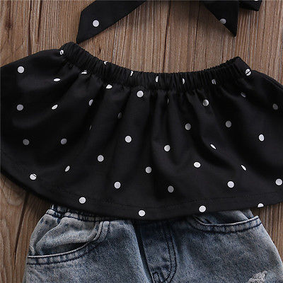 Toddler Baby Girls 3Pcs Cotton Headband, Blouse and Holly Denim Jeans 