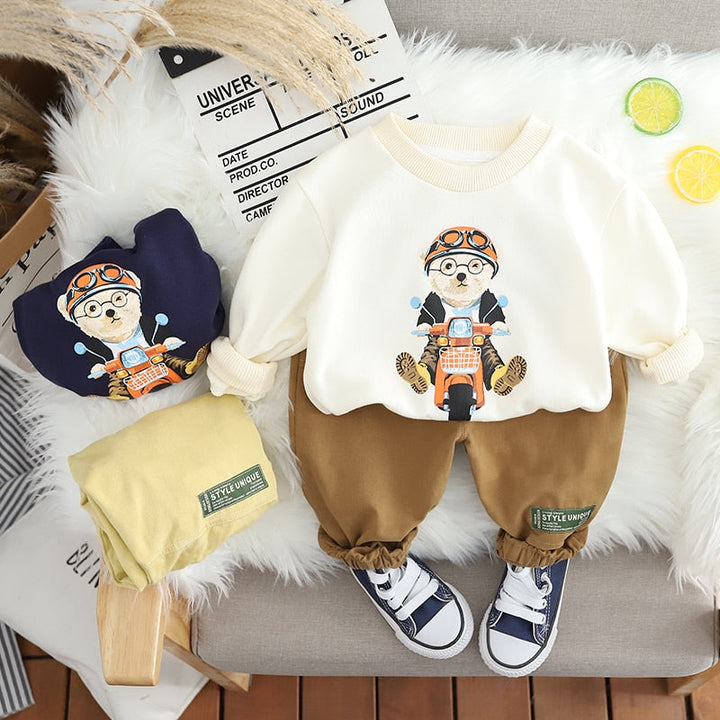 Toddler Boys Cool Hip Motorcycle Bear Pullover and Pants Sets 
