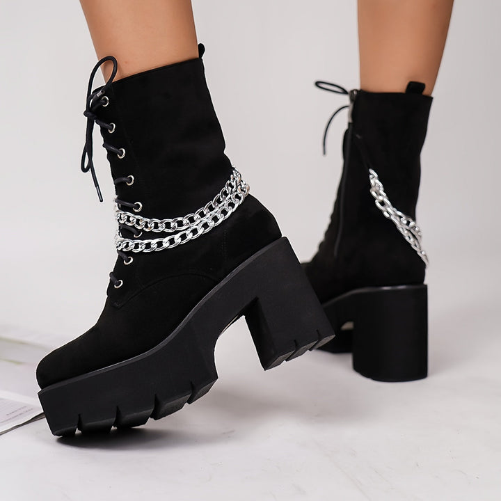 Trendy Y2K Style Chain Decor Chunky Heel Lace Up Boots 