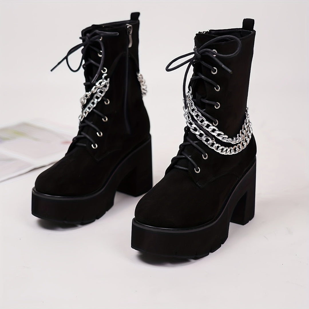Trendy Y2K Style Chain Decor Chunky Heel Lace Up Boots 
