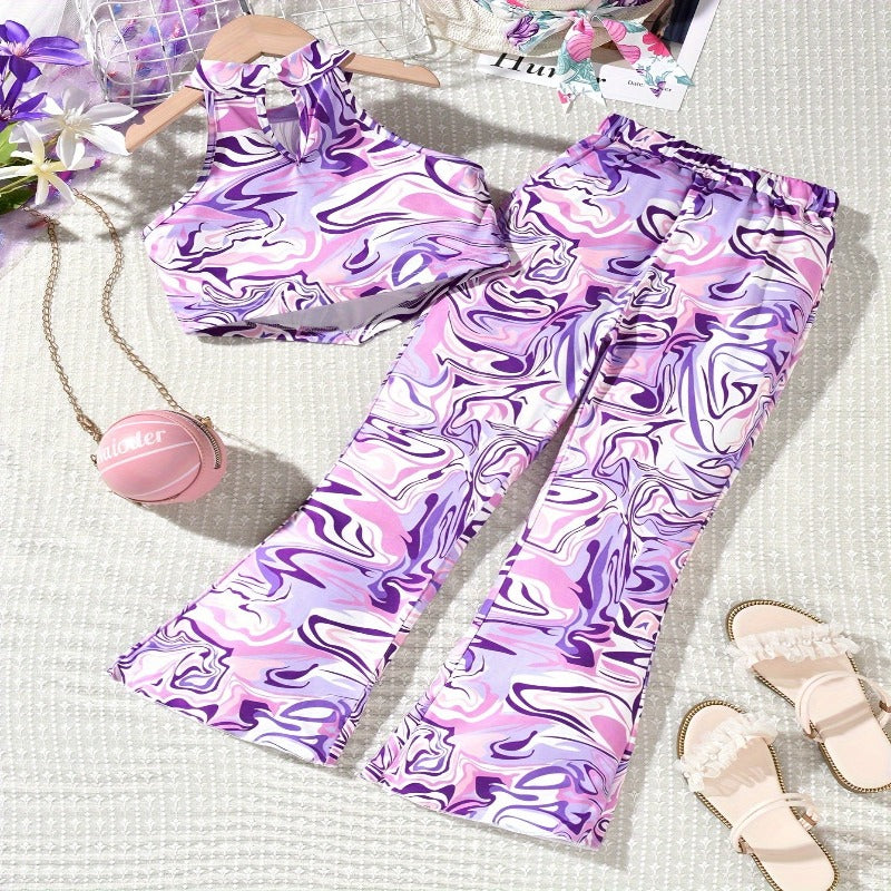 Trendy Swirls Print Asymmetric Halter Top and Flared Pants Outfits - Gen U Us Products