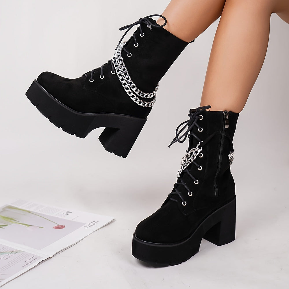 Trendy Y2K Style Chain Decor Chunky Heel Lace Up Boots - Gen U Us Products