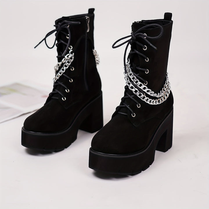 Trendy Y2K Style Chain Decor Chunky Heel Lace Up Boots - Gen U Us Products