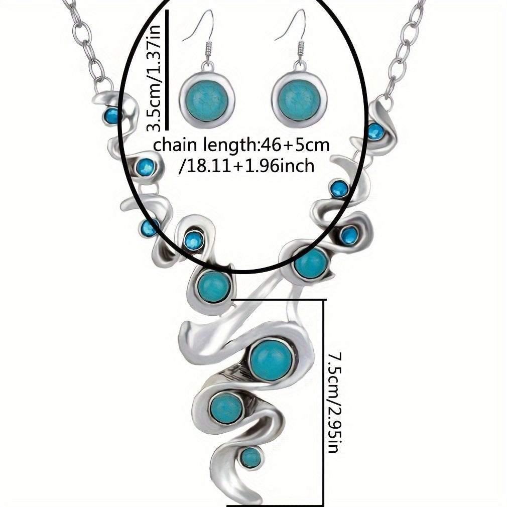 Turquoise Blue Stone Pendant Earrings & Necklace Set 