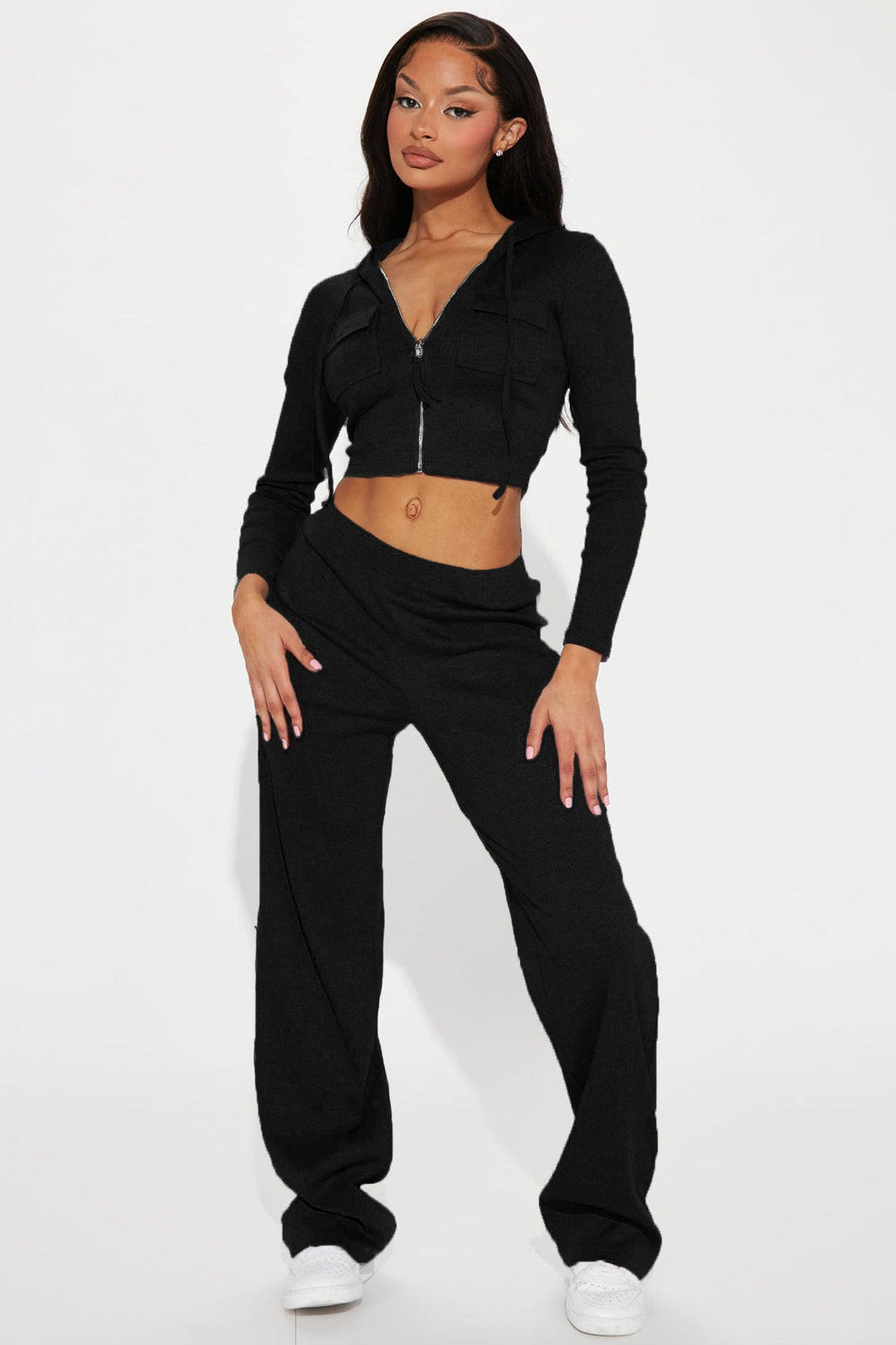Ultra-flattering Look Hooded Crop Top and Pants Tracksuits 