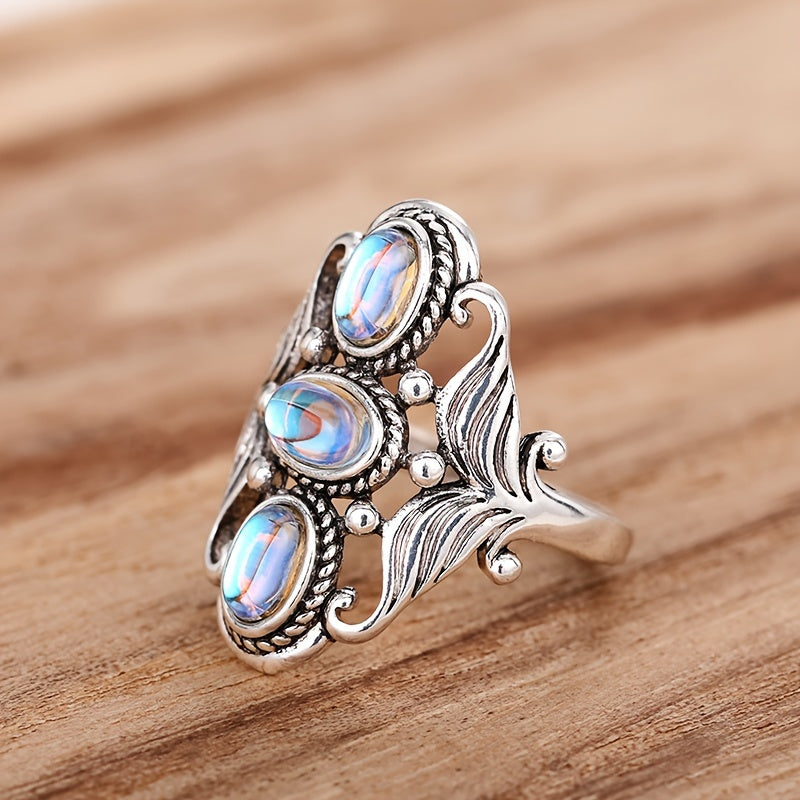 Unique Boho Style Egg Shape Gemstone Silver Plated Ring 