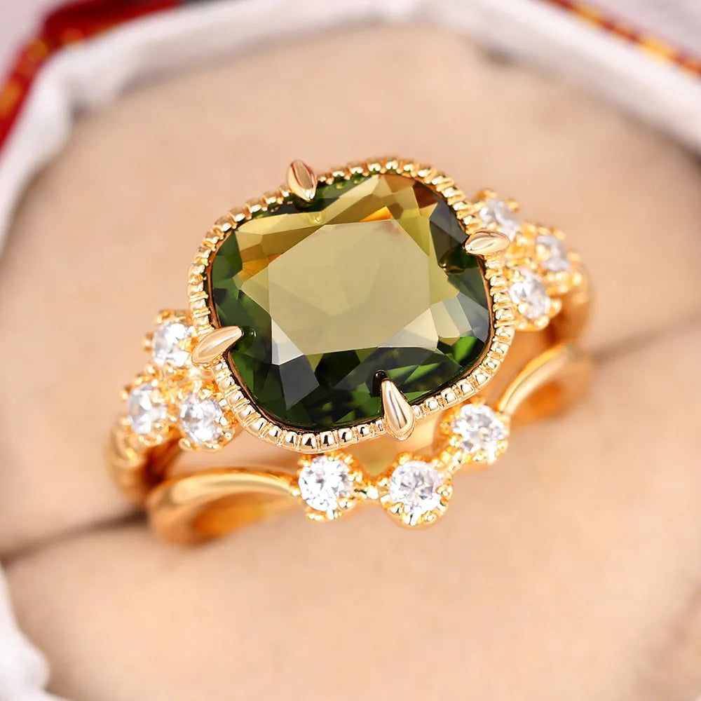 Unique Trendy Large Square Dark Green Zircon Copper Gold Plated Ring 