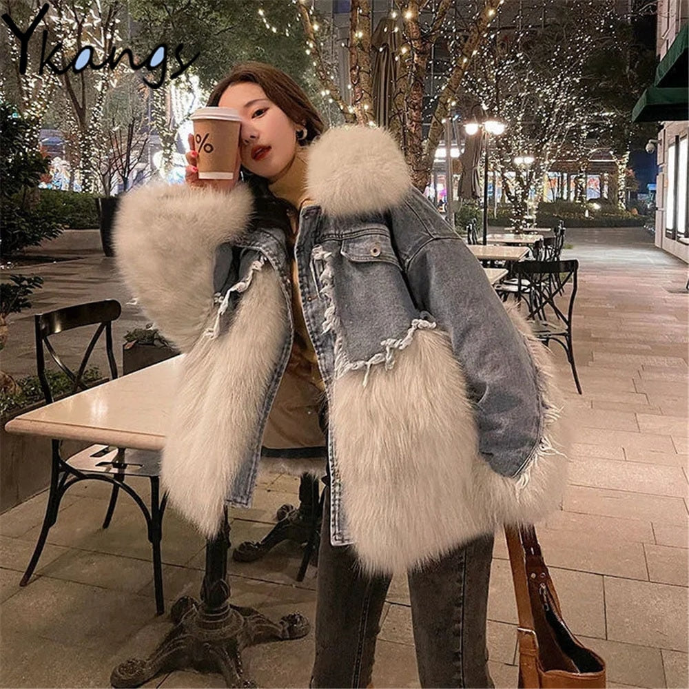 Unique Trendy Stylish Bold Fur Collar Denim Jean Jacket 