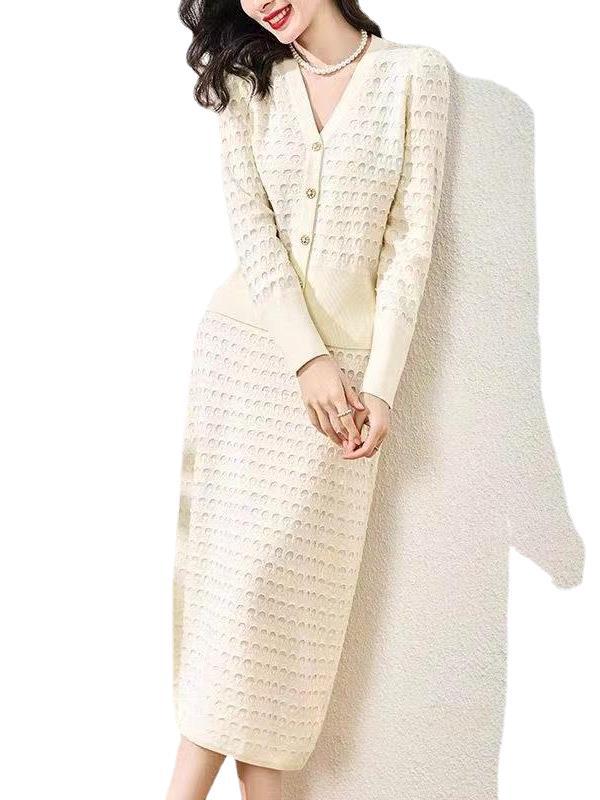 Beige textured V-neck knit sweater & pencil skirt set, button front, long sleeves