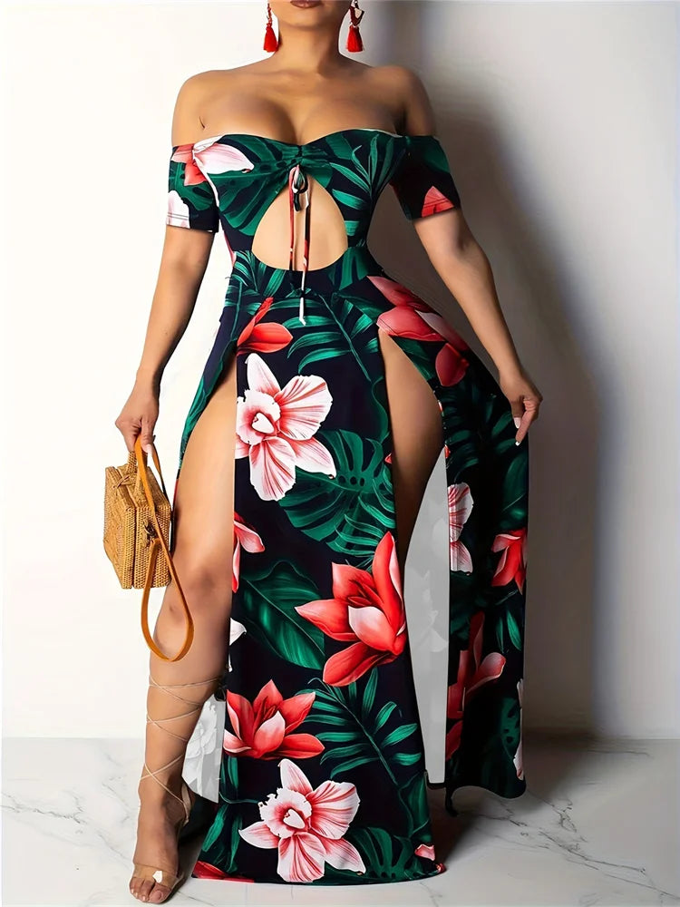 Vibrant Floral Design Off Shoulder V Neck Split Dresses in Plus Sizes - Gen U Us Products