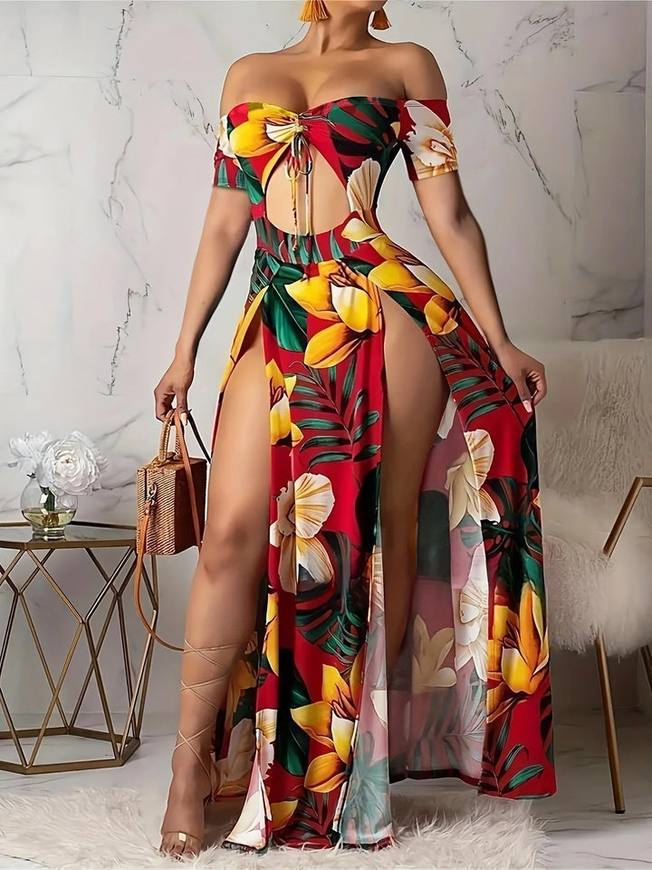 Vibrant Floral Design Off Shoulder V Neck Split Dresses in Plus Sizes - Gen U Us Products