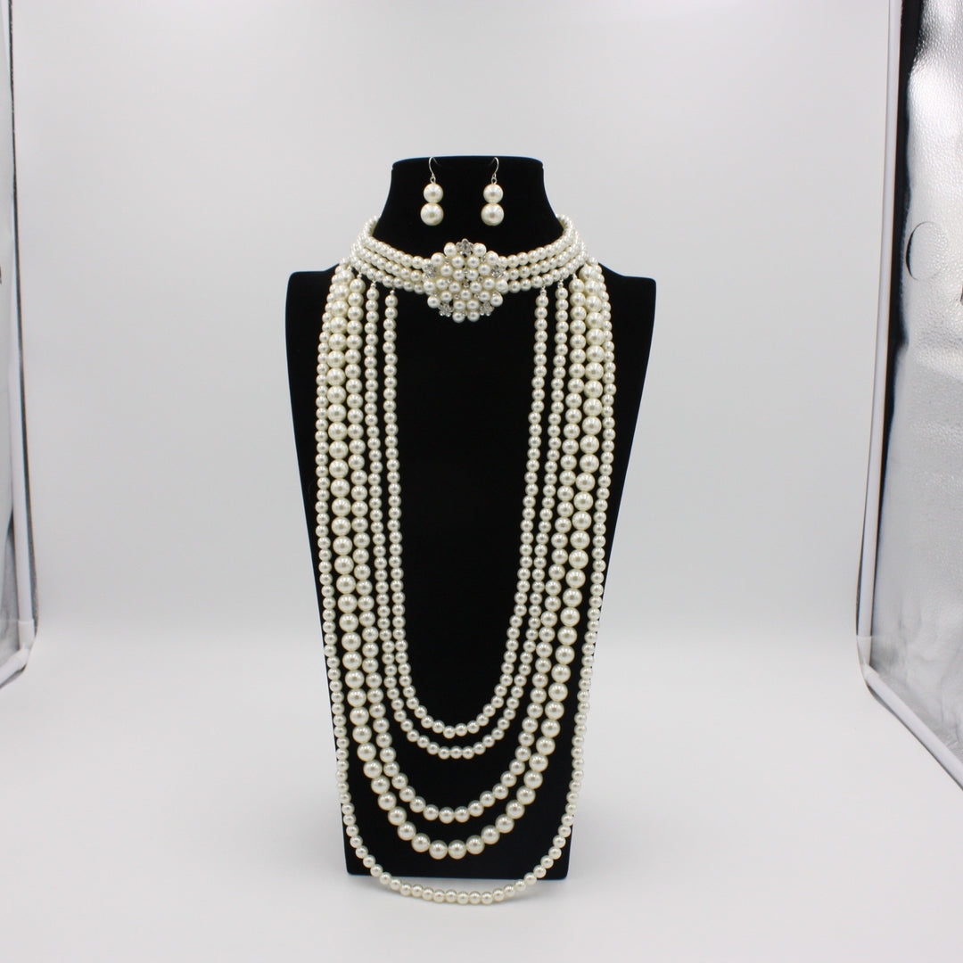 Vintage Multi Layer Long Pearl Necklace & Earrings Set 