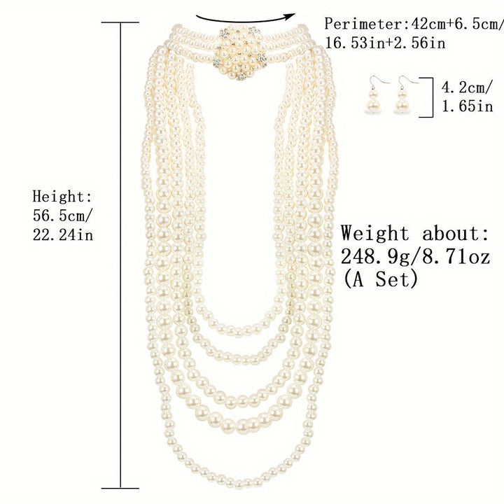 Vintage Multi Layer Long Pearl Necklace & Earrings Set 