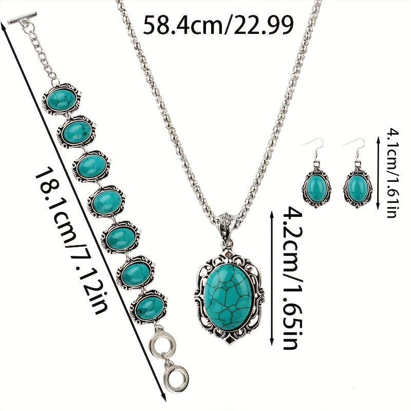 Vintage Turquoise Healing Stone Bracelet Earrings & Necklace Set 