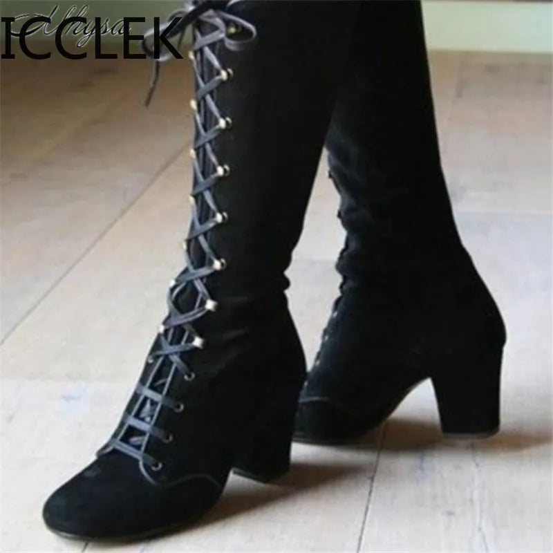 Vintage Cowboy Lace-up Knee High Chunky High Heel Boots - Gen U Us Products