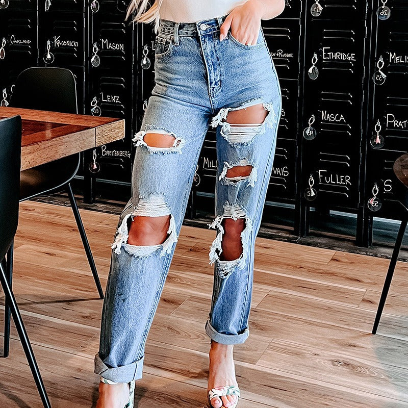 Waist Ripped Straight Leg Denim Jeans in Plus Sizes - Gen U Us Products