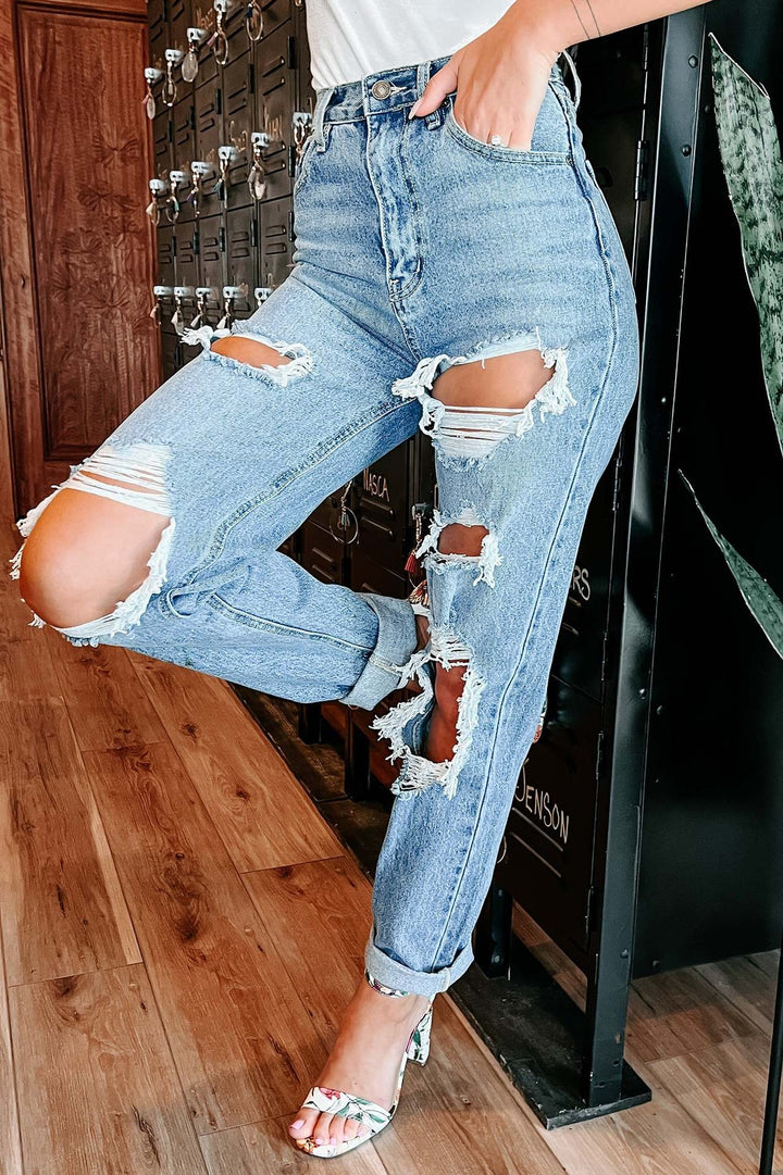 Waist Ripped Straight Leg Denim Jeans in Plus Sizes - Gen U Us Products