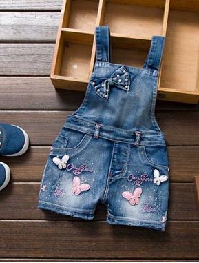 Washed Denim Jumpsuits with Butterflies and Bowknot Design 