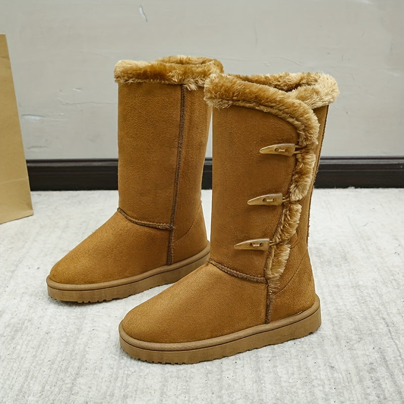 Women's Warm Thermal Lined Velvet Fur Slip On Long Buckle Snow Boots 
