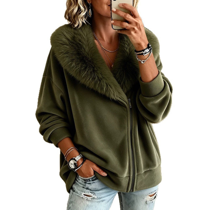 Women's zip-up velvet cardigan with plush collar, army green