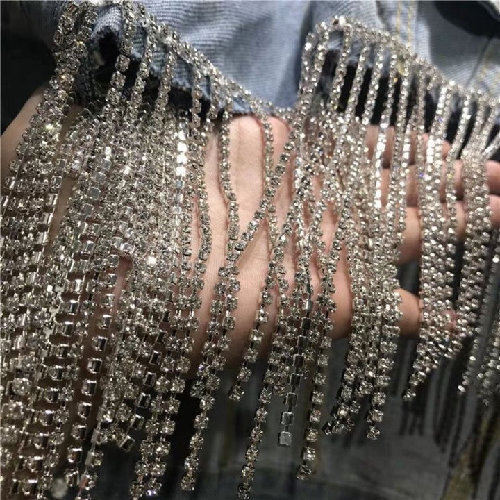 Womens Vintage Long Sleeve Loose Diamond Chain Tassel Denim Jacket 
