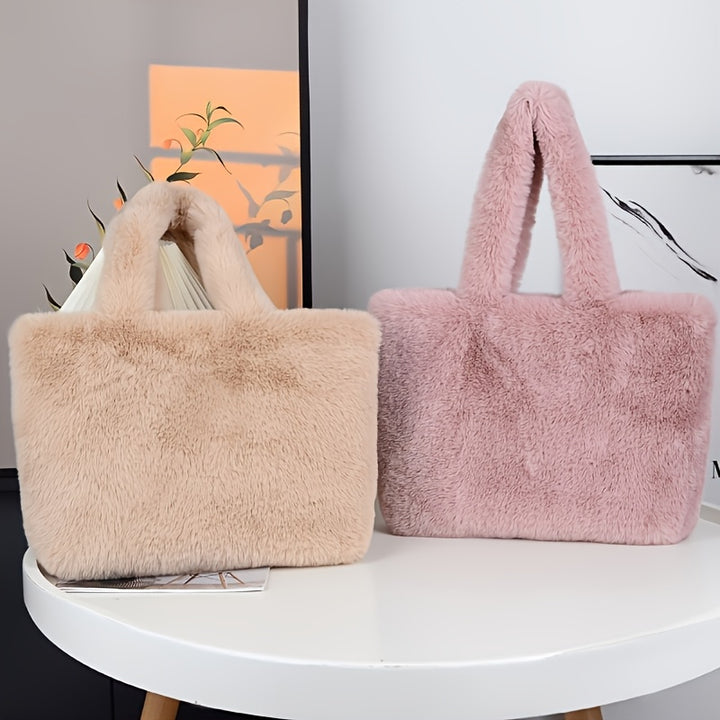 Oversized Fluffy Faux Fur Handbag with Cosmetic Pouch - Flossy Mom