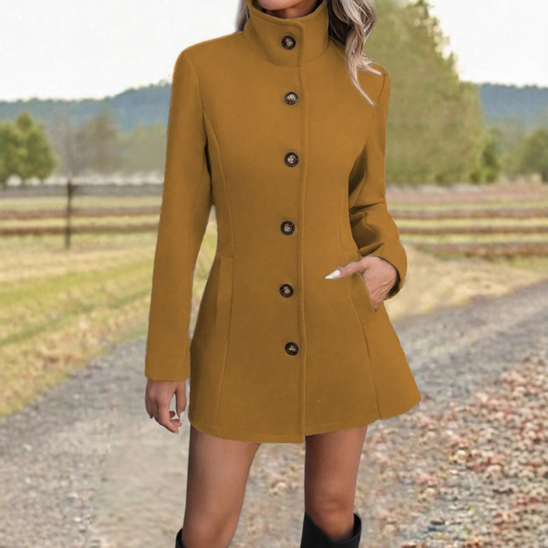 Plus-size stand-collar button coat, khaki, long sleeves, button front, side pockets