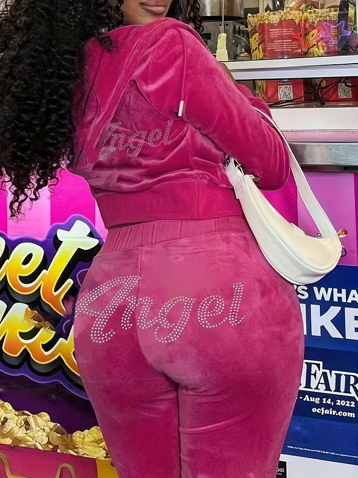 Rhinestone Anglel Print Hooded Velvet Tracksuits - Flossy Mom