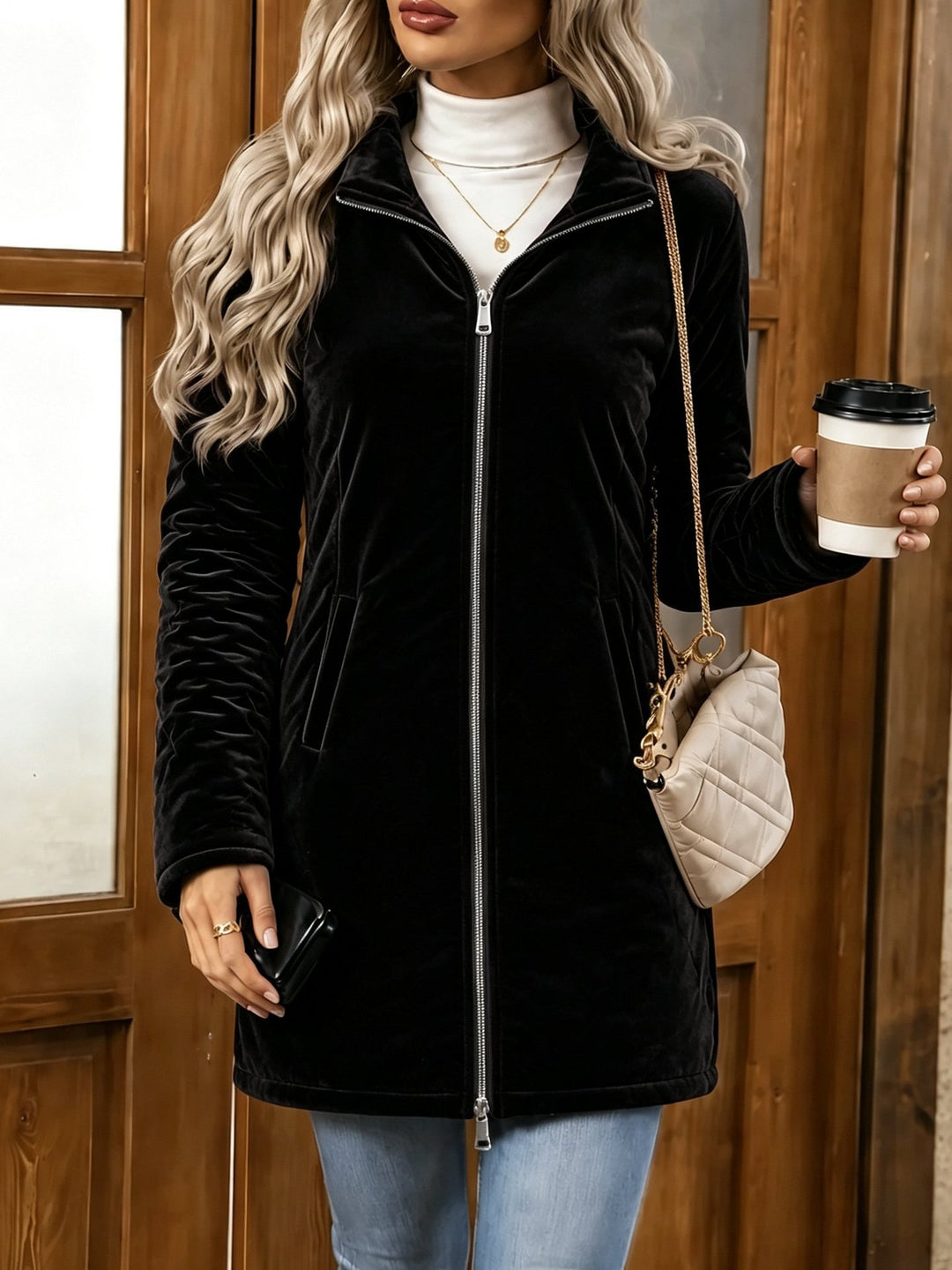 Women's Black Velvet Long Coat With Mock Neck, Two-Way Zipper And Front Pockets.