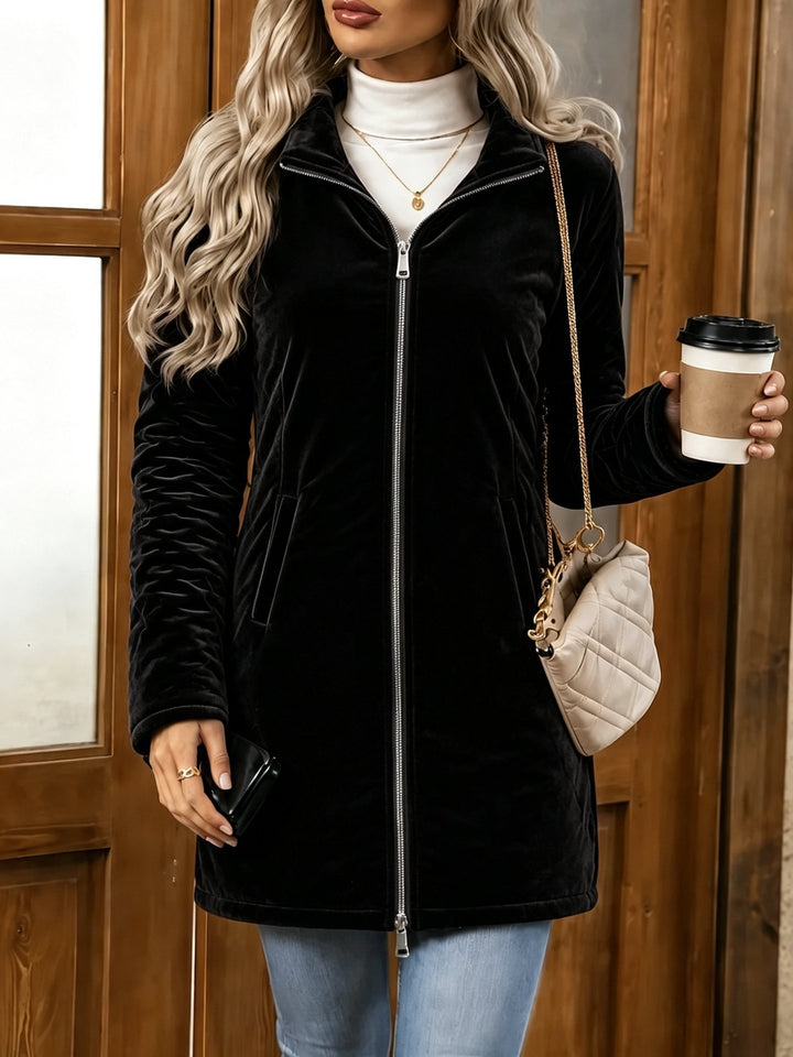 Women's Black Velvet Long Coat With Mock Neck, Two-Way Zipper And Front Pockets.