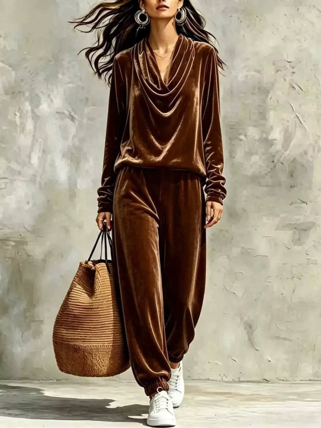 Brown velvet cowl-neck long-sleeve top and matching jogger pants set