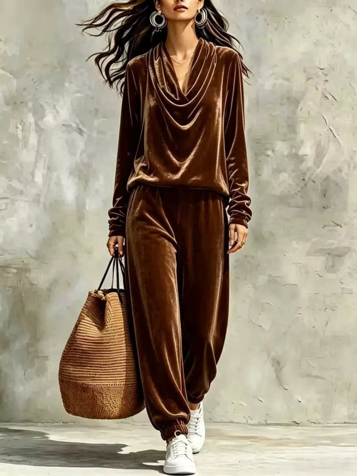 Brown velvet cowl-neck long-sleeve top and matching jogger pants set