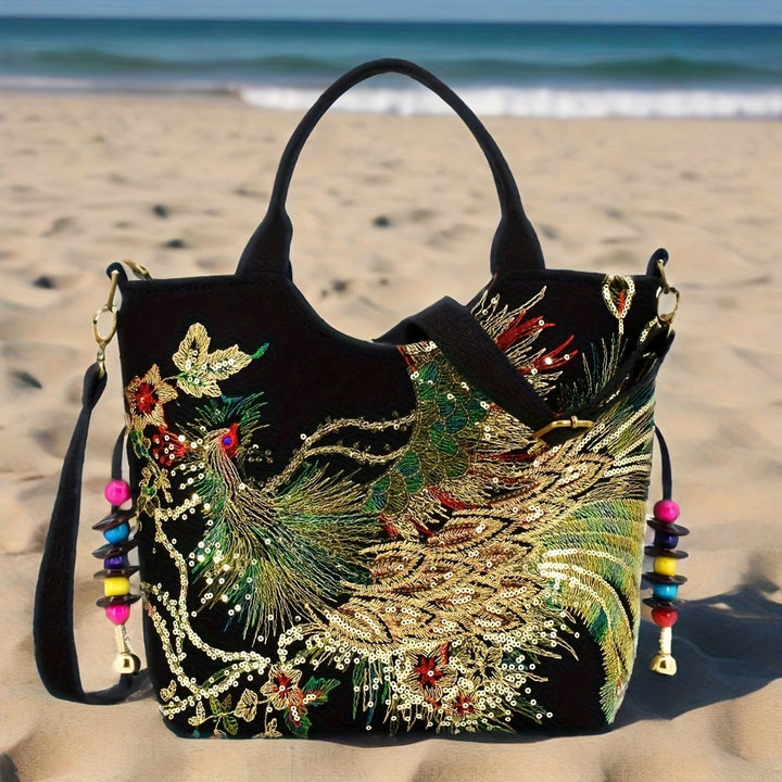 Decorative handbag with floral embroidery on a sandy beach