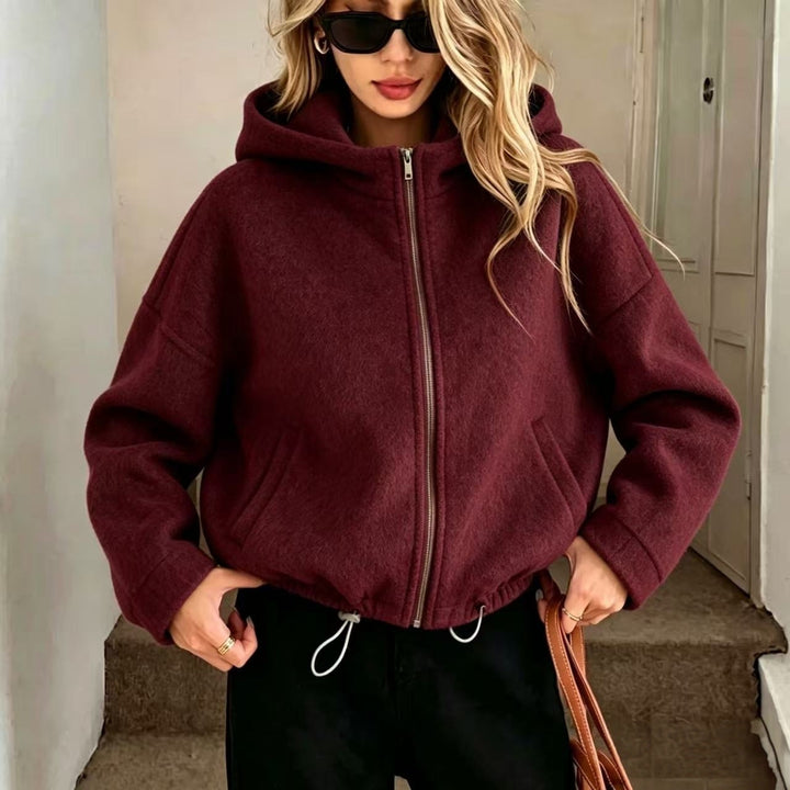 Women’s wool zip-up hoodie jacket, wine red, high neck, front pockets