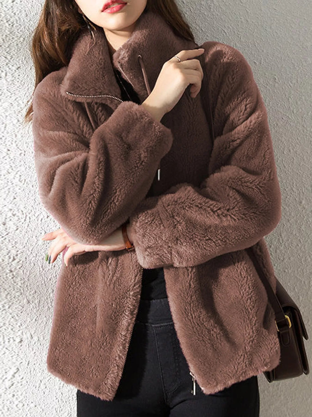 Dark brown faux fur zip jacket with stand collar and drawstring ties, long sleeves