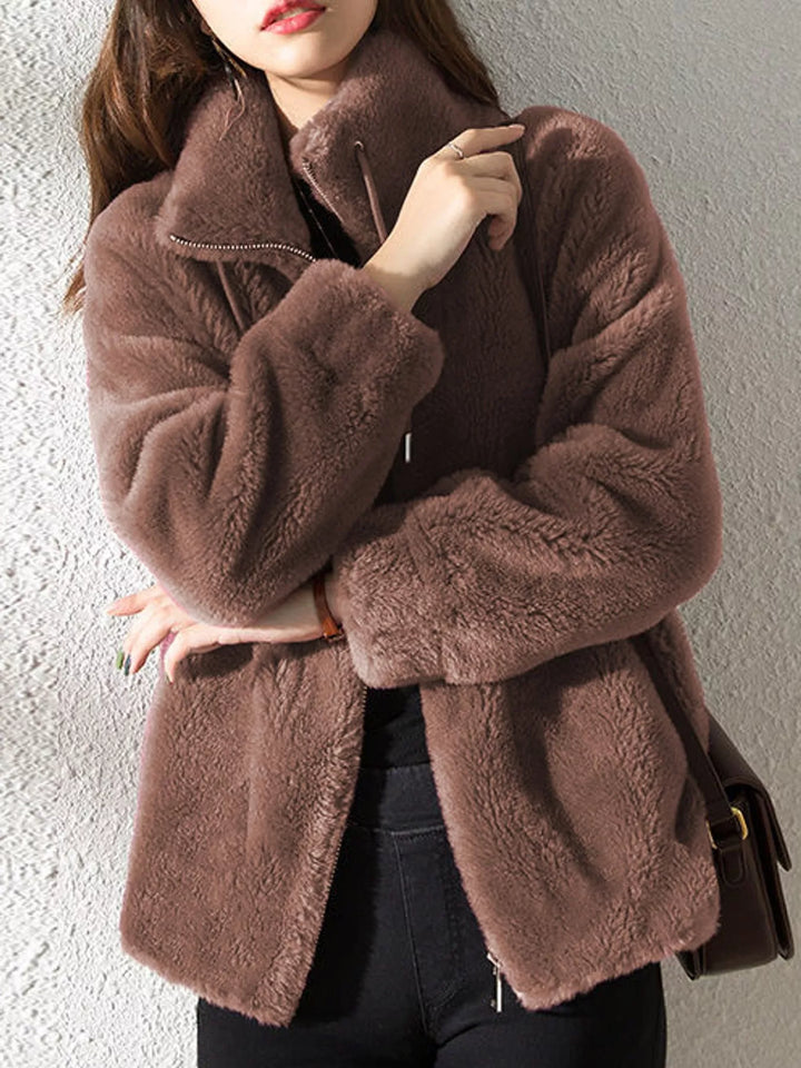 Dark brown faux fur zip jacket with stand collar and drawstring ties, long sleeves
