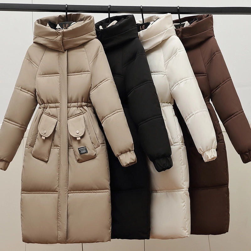 Women's Plus Size Long Puffer Coats In Khaki, Black, Cream And Brown With Cinched Waists