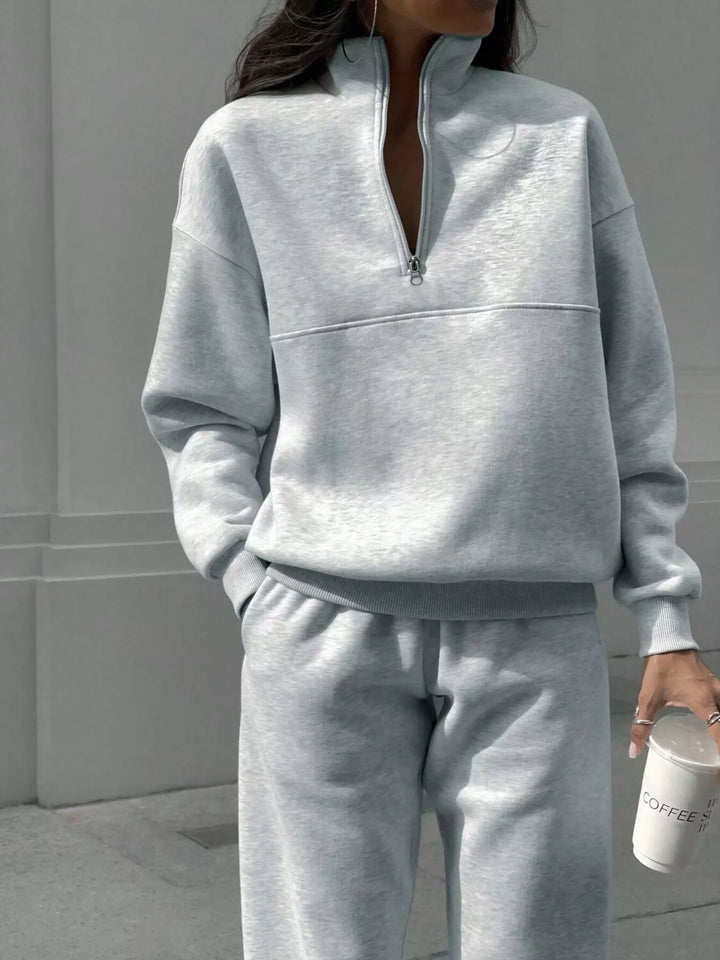 Women's Light Gray Half-Zip Sweatshirt And Joggers Set, Front Close-Up With Stand Collar