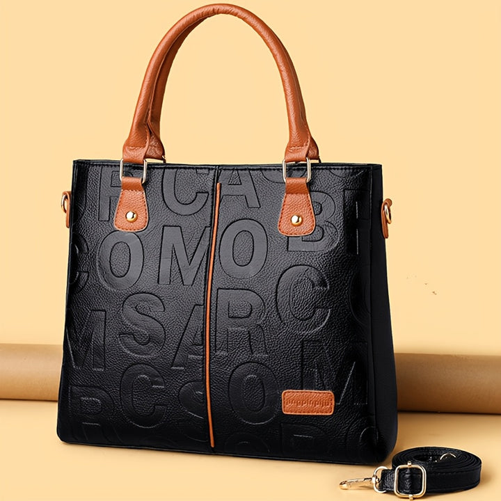 Top Handle Straps Zipper Letter Print PU Leather Handbags - Flossy Mom