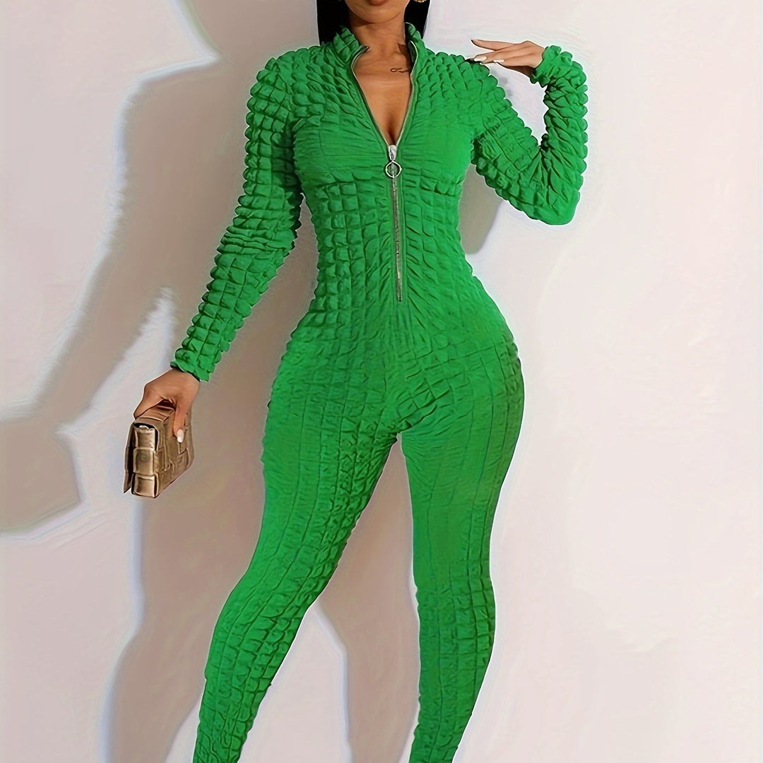 Sexy  Long Sleeve Puff Design Stretchy Zipper Jumpsuits - Flossy Mom