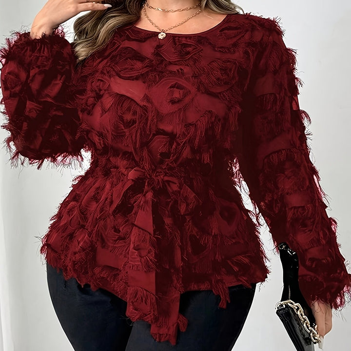 Boss-Lady Mesh Lace Belt Detail Plus Size Shirts - Flossy Mom