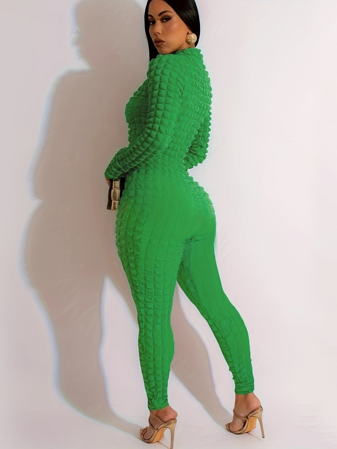 Sexy  Long Sleeve Puff Design Stretchy Zipper Jumpsuits - Flossy Mom