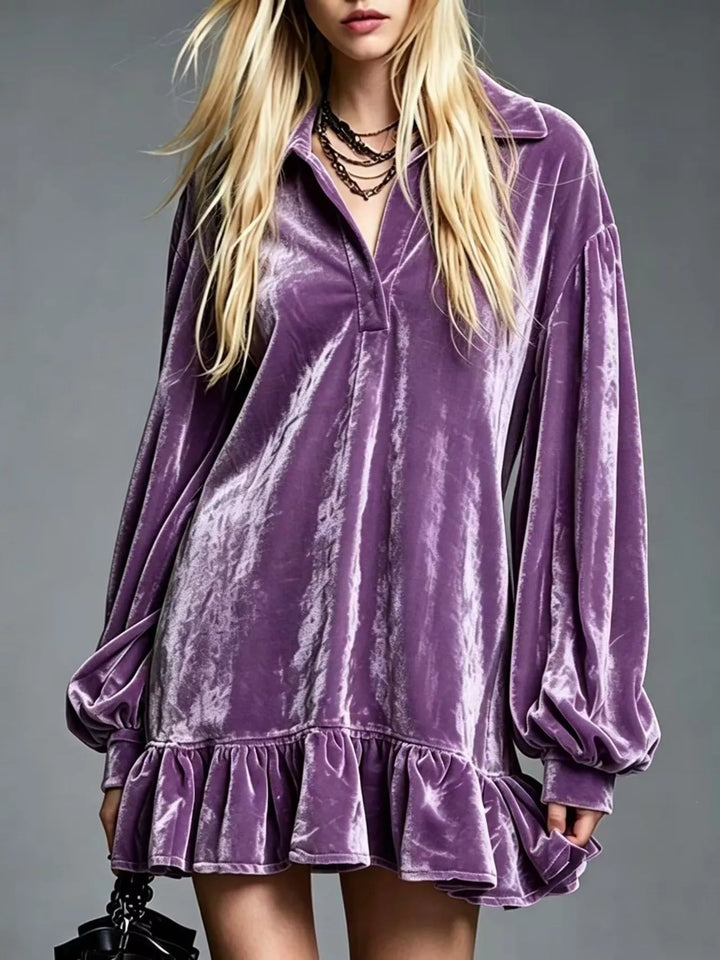 Dark violet velvet long-sleeve mini dress with ruffle hem and V-neck