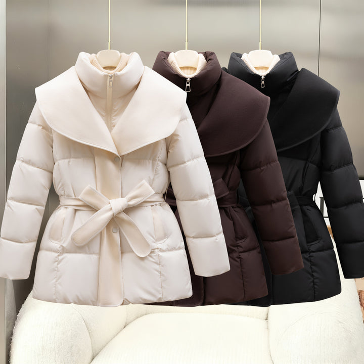 Beige belted quilted puffer coat with oversized statement collar and zipper front